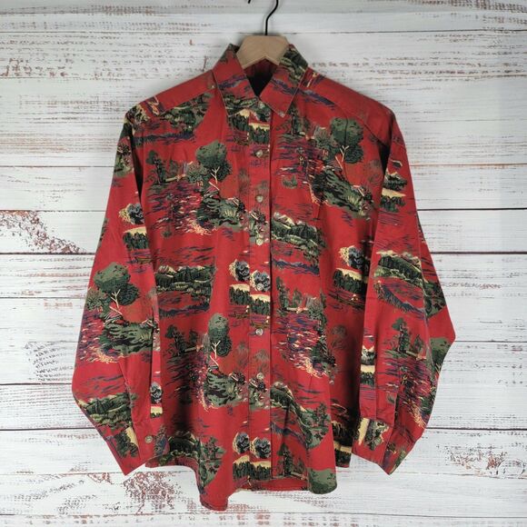 Bushwacker USA Button Up Shirt Womens Size M Dog Hunting All Over Print Red - Picture 1 of 8